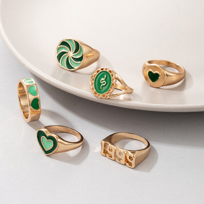 VIDALI Green 6 Pcs Dripping Oil Love 1999 Feelings Ring Set For Women And Girls Alloy Gold Plated Ring Set