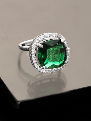 RUBANS Rhodium plated Emerald Green Cushion Cut zirconia studded Classy ring Brass Cubic Zirconia Rhodium Plated Ring