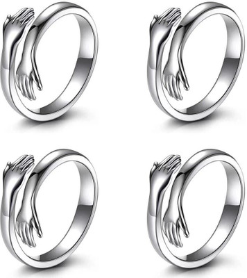 Heeer collection Pack of 4 Silver-Plated Friendship Loved Ones Hug Ring Stainless Steel Silver Plated Ring Set