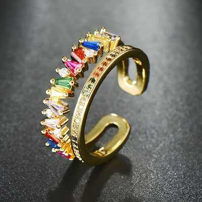 CRYSTALANE Rainbow Zigzag Ring - Baguette rings / Multicoloured Crystals Crystal Cubic Zirconia Gold Plated Ring