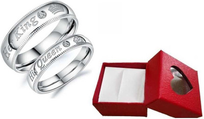 Viibesle AdjustableCoupleRingsComboLoversCrownEngravedKingQueenAmericandiamondValentine Stainless Steel, Brass, Stone, Metal, Copper Cubic Zirconia Silver, Rhodium Plated Ring Set
