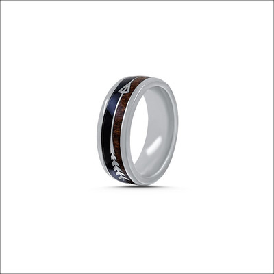 Saizen Arrow Ring with Black Wood and Ironwood Burl in a Titanium Wedding Band Ring Stainless Steel Rhodium Plated Ring