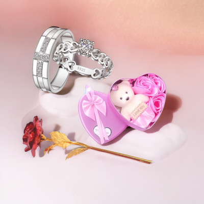 Jewelgenics Couple Ring & Pink Mini Teddy/ Red Rose Gift Set Valentine's Day Gift Set Alloy Cubic Zirconia Sterling Silver Plated Ring Set