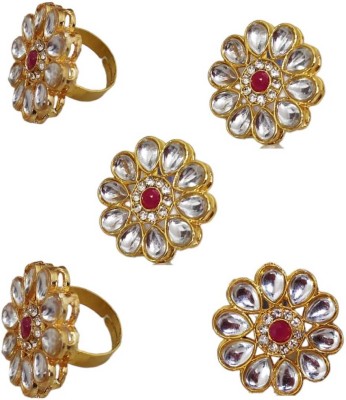 MARWARI TRADERS Gold Tone Kundan Flower Wedding Collection Adjustable Finger Ring (pack of 5) Brass Ring