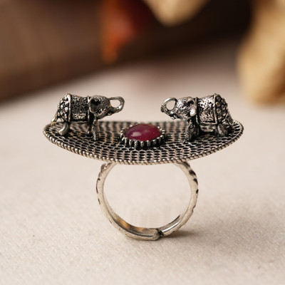 Sanseeta Gajendra- Silver oxidised ring(Red) Brass Zircon Silver Plated Ring