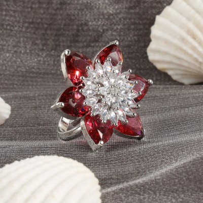 Anika's Creation Anikas Creation Red & Silver-Toned Silver Plated AD Studded Adjustable Finger Ring Alloy Cubic Zirconia Silver Plated Ring