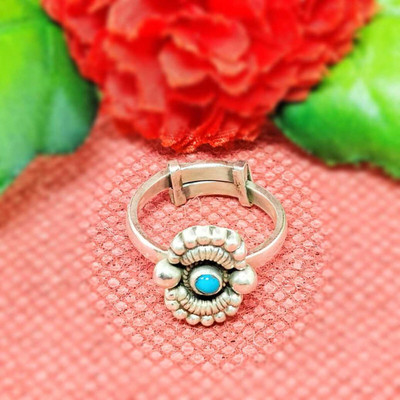 jsaj OVAL SHAPE WITH BALLS ALL AROUND WITH TURQUOISE STONE Sterling Silver Ruby Silver Plated Ring