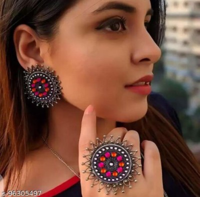 SPARKLIZA SPARKLIZA AFGHANI OXIDISED STUDS AND RING COMBO SET FOR GIRLS AND WOMEN Alloy Agate Silver Plated Ring Set