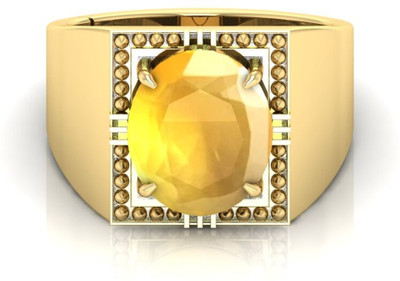 Pranjal Gems 9.25 Ratti Yellow Sapphire Gemstone Adjustable Ring With Lab CertificateOJ Shell Sapphire Gold Plated Ring