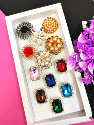 Divyanshi Collection Combo Pack Of 12 Fancy Multicolour 12 Ad Rings Brass Diamond Gold, Silver Plated Ring Set