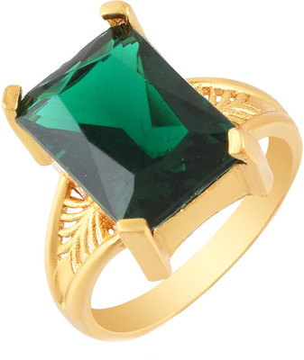 Morvi Gold Plated Brass Green Stone CZ, Engagement Wedding Finger Ring Men Women Brass Cubic Zirconia Gold Plated Ring