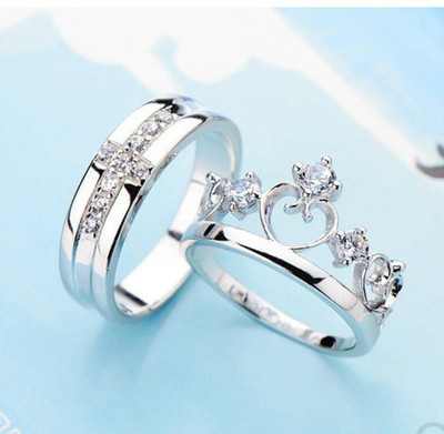 Alviira AdjustableCoupleRingsComboLoversCrownEngravedKingQueenAmericandiamondValentine Stainless Steel, Brass, Stone, Metal, Copper Cubic Zirconia Silver, Rhodium Plated Ring Set