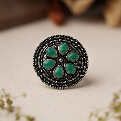 Sanseeta Rashmi- Silver oxidised ring (Green) Brass Zircon Silver Plated Ring