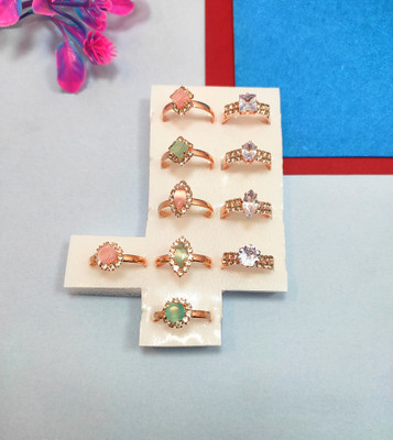 Divyanshi Collection Partywear Gold & Silver Plated Stackable Multi Sizes 10 Rings Set Brass Diamond Gold, Silver Plated Ring Set