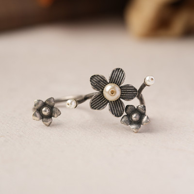 Sanseeta Ira- Silver oxidised ring Brass Pearl Silver Plated Ring