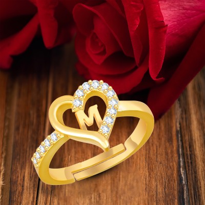 Kanak Jewels Valentine Gift Initial Letter M ring for Girls stylish design Gold plated ring Brass Cubic Zirconia Gold Plated Ring