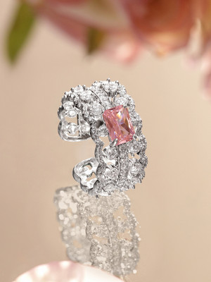 RUBANS Rhodium-Plated Crystal Pink & Cubic Zirconia Statement Adjustable Ring Brass Rhodium Plated Ring