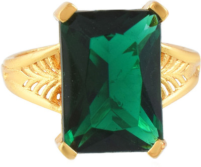 Morvi Gold Plated Brass Green Stone CZ, Engagement Wedding Finger Ring Men Women Brass Cubic Zirconia Gold Plated Ring