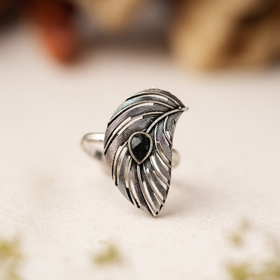 Sanseeta Ruchi- Oxidisd brass stone studdedn ring (Black) Brass Silver Plated Ring