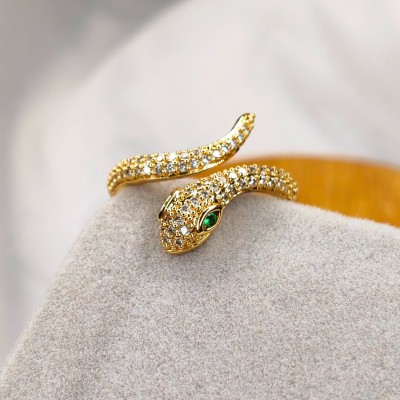 MoonMade Snake Cuff Studded Gold Stainless Steel Cubic Zirconia, Emerald Gold Plated Ring