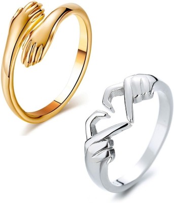 Uniqon Pack Of 2 CMB7873 Love Gesture Couple Hands Than Heart Hug Me Thumb Finger Ring Stainless Steel Ring
