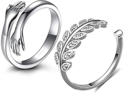 Neerajyoti Zircon Leaf Silver Plated Ring Combo with Hug Ring (Pack of 2) Alloy Silver Plated Ring