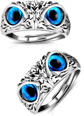 Stylewell Set Of 2 Crystal Glasses Blue Demon Eyes Owl/Ullu Bird Face Thumb Finger Ring Stainless Steel Silver Plated Ring