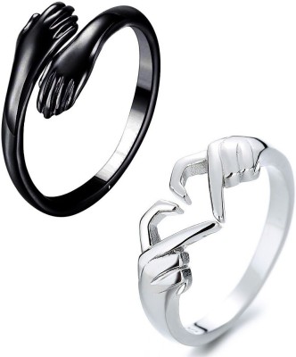 Uniqon Pack Of 2 CMB7875 Love Gesture Couple Hands Than Heart Hug Me Thumb Finger Ring Stainless Steel Ring