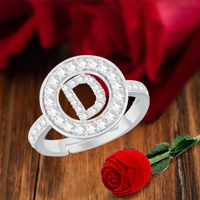 MEENAZ Love Heart Alphabet D Letter Rings girls women lovers couple Stylish simple AD Alloy, Metal, Copper, Crystal, Brass Crystal, Zircon, Diamond Silver Plated Ring Set