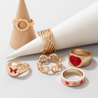 TheVineGirl Red Color Dripping Oil Love Star, Heart Butterfly 6 Pcs Ring Set For Women Alloy Gold Plated Ring Set