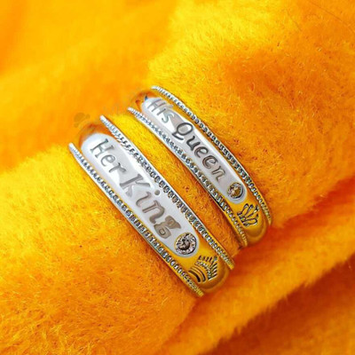 Alviira AdjustableCoupleRingsComboLoversCrownEngravedKingQueenAmericandiamondValentine Stainless Steel, Brass, Stone, Metal, Copper Cubic Zirconia Silver, Rhodium Plated Ring Set