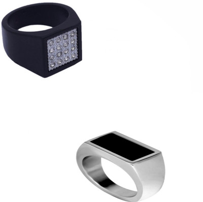 Neerajyoti Rectangle AD silver band and black American diamond ring set Alloy Cubic Zirconia Titanium Plated Ring Set