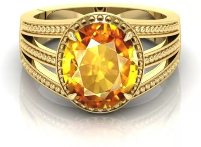 DIVINEGEMS Pukhraj Gemstone Adjustable 3 Line Ring With Lab Certificate Brass Sapphire Gold Plated Ring