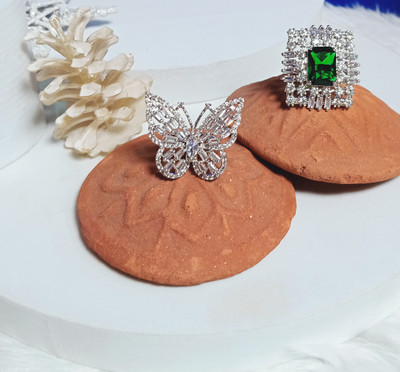 BlingNation Ring Combo Green and Butterfly Brass Brass Plated Ring