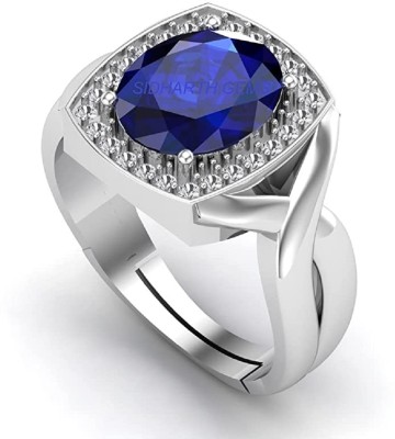 SIDHGEMS 7.25 Ratti 6.25 Crt Natural Blue Sapphire Neelam Brass Sapphire Silver Plated Ring