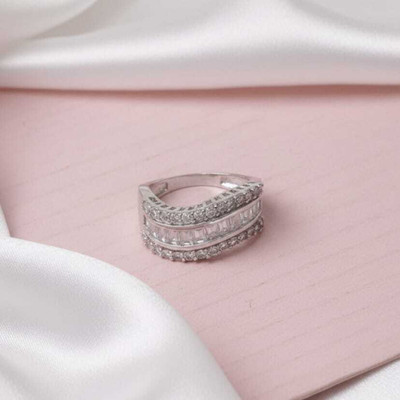 TSB Sterling Crossover Ring with Baguette and Round Cubic Zirconia, Women's Fashion Brass Cubic Zirconia Rhodium Plated Ring