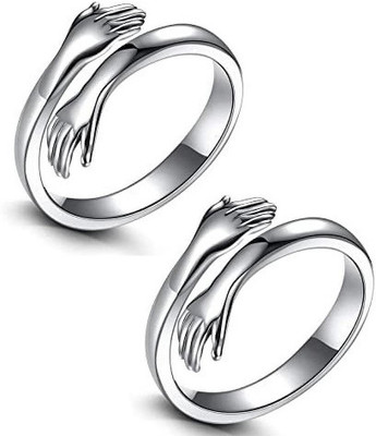 LAVITRA (Set Of 2 Pcs) Silver Love Forever Valentine's Day Hand Hug Me Thumb Finger Ring Stainless Steel, Brass, Stone, Metal, Copper Silver Plated Ring