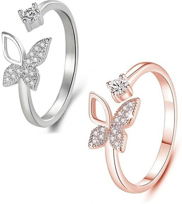 DISHA Silver Copper Butterfly Ring & Stone Butterfly Shaped combo set Adjustable Ring Brass, Copper, Stainless Steel, Metal Cubic Zirconia, Crystal, Diamond Silver, Copper Plated Ring Set