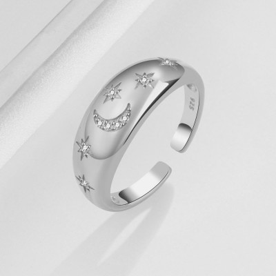 MYKI Moon Star Ring For Women & Girls Stainless Steel Cubic Zirconia Silver Plated Ring