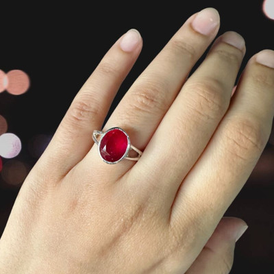 Gemzonite Most Demanded & Beautiful Ruby Ring Certified Manik Astrological Stone Brass Silver Plated Ring