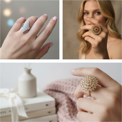 Trendmakerz Alloy Zircon Gold, Silver Plated Ring Set