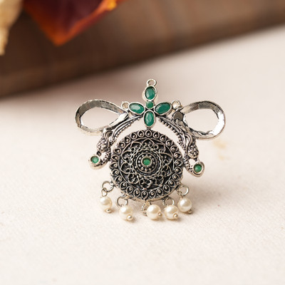 Sanseeta Anwita- Silver oxidised ring (Green) Brass Zircon Silver Plated Ring