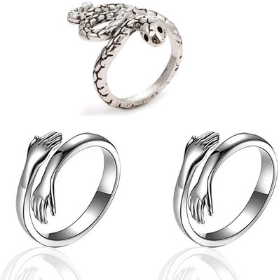 Viibesle Combo of Silver plated 1 Snake Ring and 2 Love Hug Ring Special for couples Alloy Silver Plated Ring Set