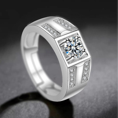 MYKI Limited Edition Adjustable Mens Rings- 111 Stainless Steel Swarovski Zirconia 24K White Gold Plated Ring