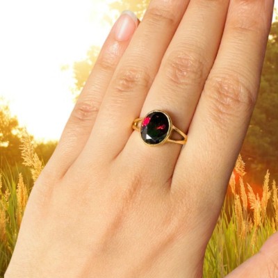 Gemzonite Hessonite/Garnet Ring with Natural Gomed Stone Lab Certified Brass Garnet Gold Plated Ring