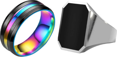 Dynamic Retail Global Set of 2 Rings for Men, Multicolor-Black Alloy Ring