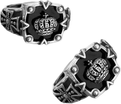 vs unique collections (2 Pcs) Funky Silver Adjustable Black Enamel King Crown Cross Finger Thumb Ring Stainless Steel Silver Plated Ring