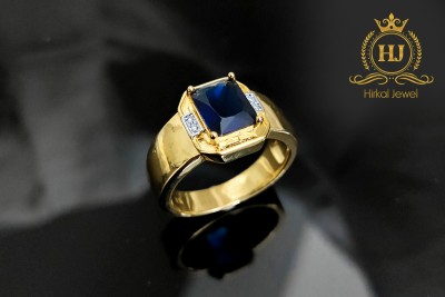 HIRKAL High Gold plating Mens (Blue Glass Ston) finger ring Alloy, Brass Crystal Gold Plated Ring