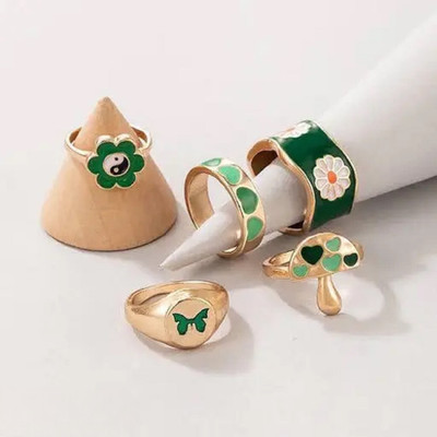 Vimich 5 Pcs Green Flower Heart Butterfly Mushroom Ring Set Alloy Silver Plated Ring Set