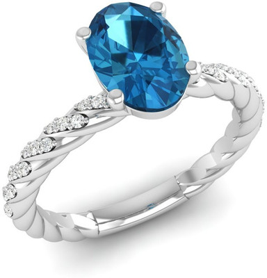 Bluejwel December - Solitaire Oval Turquoise Ring with CZ Diamond Accents Sterling Silver Cubic Zirconia Sterling Silver Plated Ring